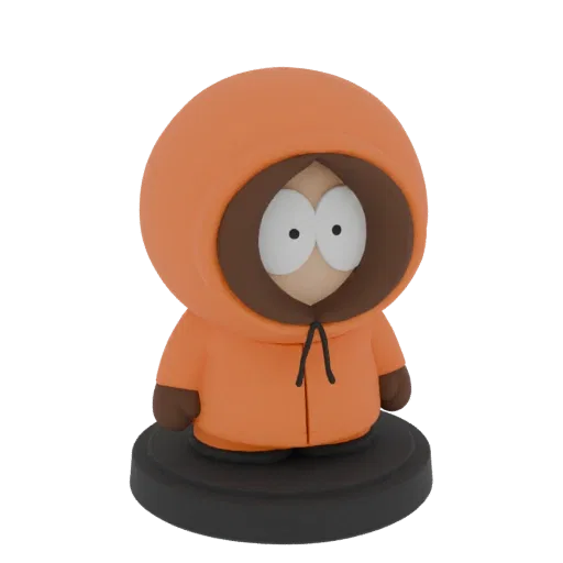 3D model of Kenny McCormick from South Park wearing his orange parka and standing on a black base.