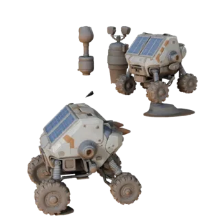 Modèle 3D stylisé du Collecteur d'échantillons Prospecteur, rendu stylisé isométrique, montrant des roues poussiéreuses, la p
