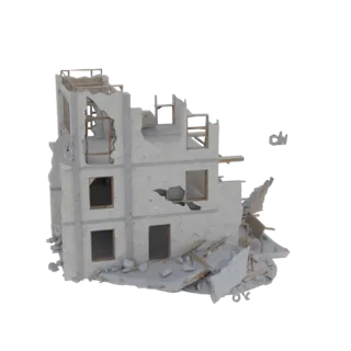 Rendu 3D d'un bâtiment endommagé à plusieurs étages avec des murs brisés, des débris et un intérieur exposé.