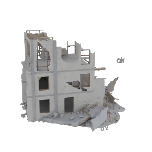 3D-Rendering eines beschädigten mehrstöckigen Gebäudes mit zerbrochenen Mauern, Trümmern und freiliegendem Inneren.