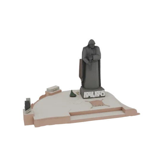 3D model of a WWII soldier memorial diorama with a statue, tombstone, and '1944-1945' inscription on a tiered base.
