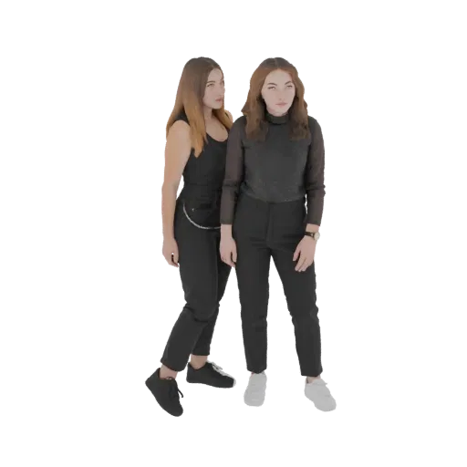 Modelo 3D de dos mujeres de pie una al lado de la otra, ambas vistiendo elegantes atuendos negros.