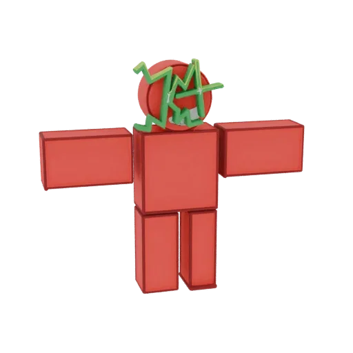 A 3D render of a red, blocky character with outstretched arms and a green 'TM' symbol on its head, isolated on a white backgr