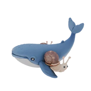3D-Modell eines Blauwals mit einer Schnecke auf dem Rücken im Cartoon-Stil, mit Wassertropfen auf dem Rücken des Wals.