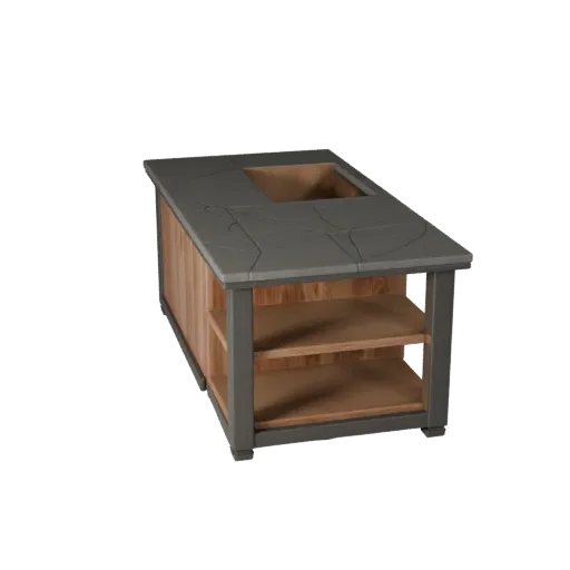 Modelo 3D de alta poligonalidad Isla de Cocina, comedor, render de estudio en primer plano, detalle de veta de madera.