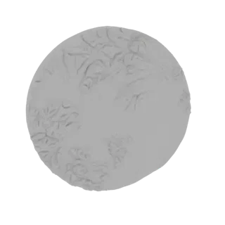 Un rendering 3D di una base circolare con texture di terreno dettagliate e ondulate, presentata in un tono grigio neutro.