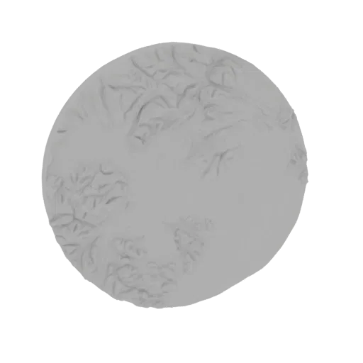 Una renderización 3D de una base circular con texturas de terreno detalladas y onduladas, presentada en un tono gris neutro.