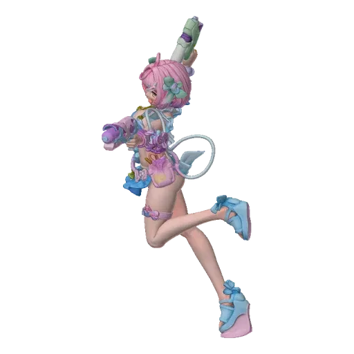 3D model of an anime girl with pink hair, wearing a blue bikini and holding two colorful water guns, in a dynamic action pose