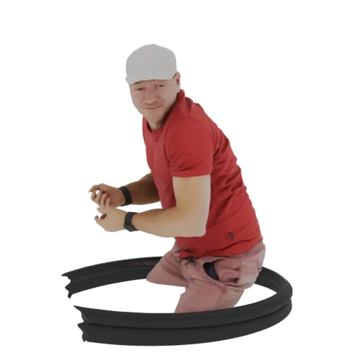 3D-Modell eines männlichen Tänzers in rotem T-Shirt und weißer Kappe, in dynamischer Pose innerhalb eines schwarzen Reifens e