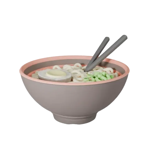 Modèle 3D de Bol de Ramen prêt pour la scène, plan rapproché héroïque, montrant la silhouette du plat et le contraste des sur