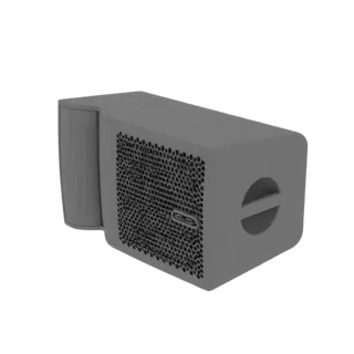 Modello 3D di un altoparlante portatile grigio compatto con griglia frontale perforata e maniglia superiore, mostrato su sfon