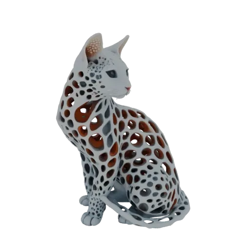 Uma renderização 3D de uma escultura de gato bengalês branco com corpo oco, apresentando manchas escuras e estrutura interna