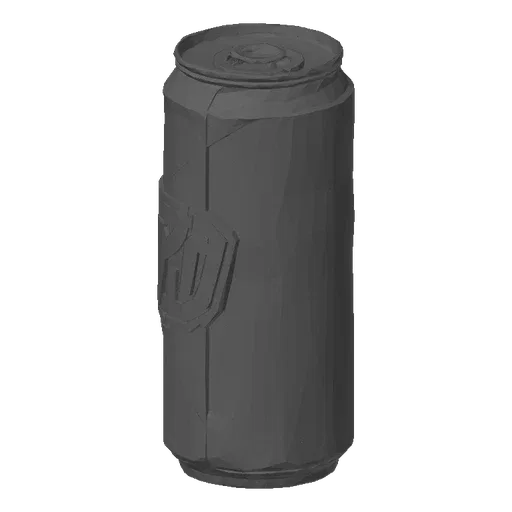3D model of a deformed energy drink can with a raised logo, shown on a black background