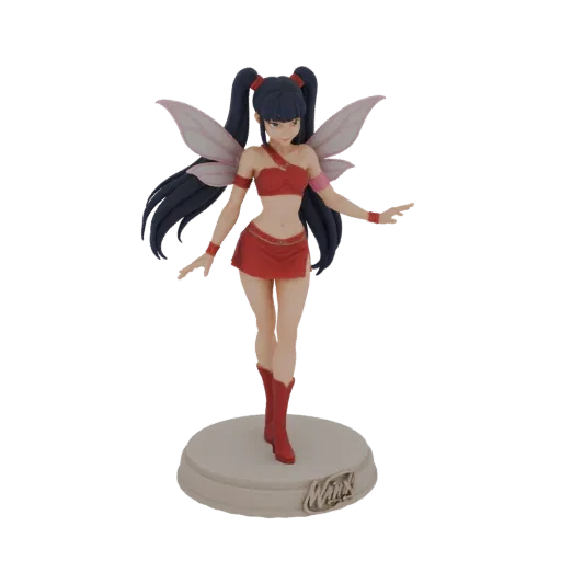 3D model of Musa, the fairy from Winx Club, in a red outfit with wings and pigtails, standing on a base with the Winx logo.