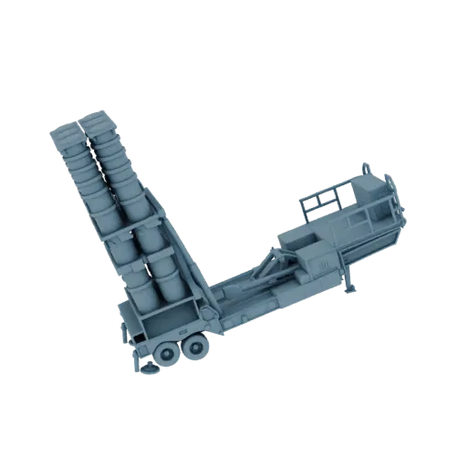 Modèle 3D d'un camion lance-missiles mobile gris avec son lanceur en V relevé.