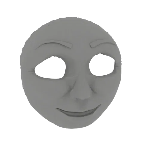 3D model render of a grey cartoon face mask with large eye holes and a wide smile, isolated on a white background.