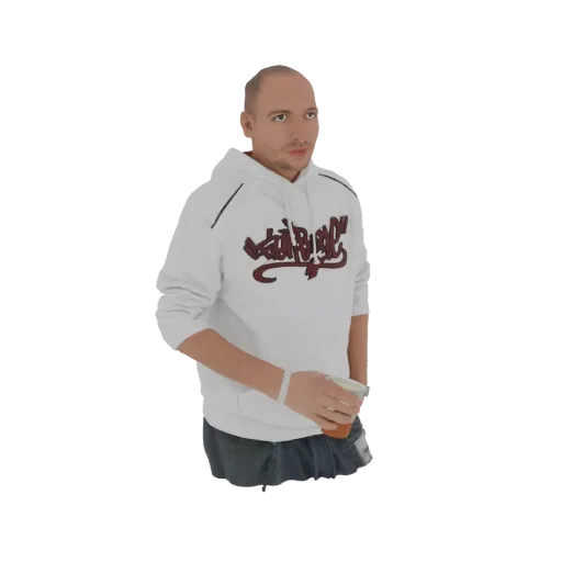 3D model of a bald man wearing a white hoodie and jeans, holding a clear cup with a beverage, against a white background.
