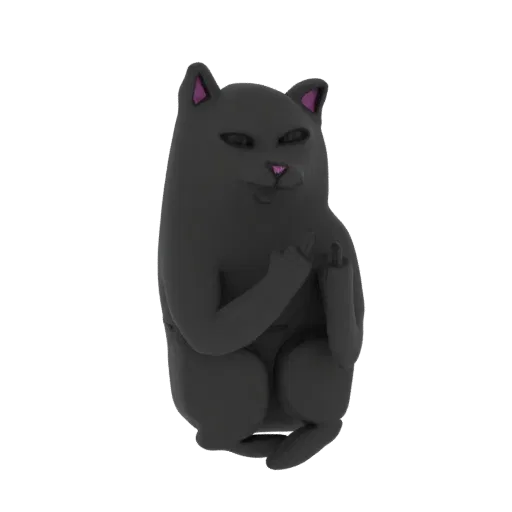Modello 3D di un gatto nero seduto che fa umoristicamente il dito medio con una zampa.