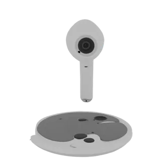 3D model of a futuristic AirPods headphone holder with a round base and vertical mount.