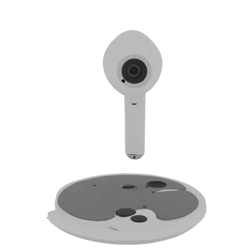 3D model of a futuristic AirPods headphone holder with a round base and vertical mount.