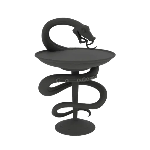 A dark gray 3D model of the Rod of Asclepius, a serpent coiled around a staff, on a white background.