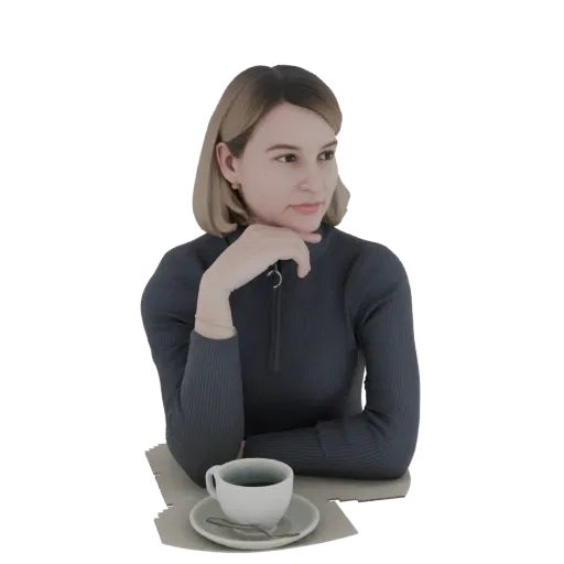 3D model of a woman with blonde hair, wearing a dark turtleneck, resting her chin on her hand and looking to the side, with a