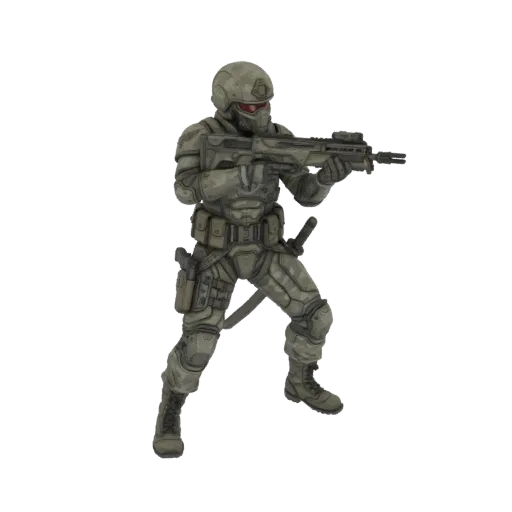 3D model of a sci-fi soldier in tactical armor, holding an assault rifle and with a katana at their hip, against a black back