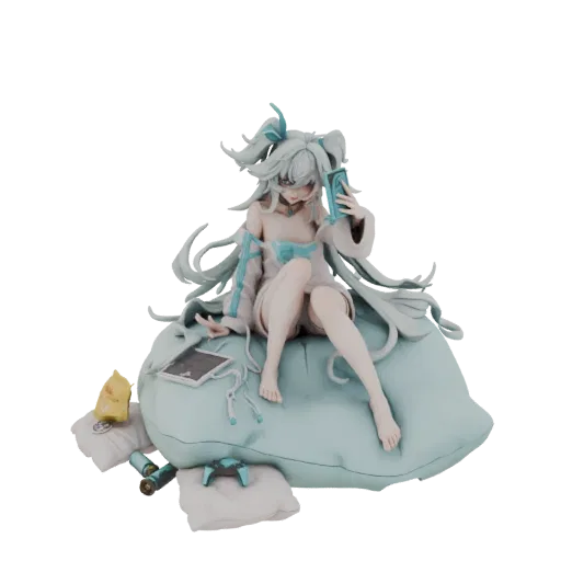 3D model of a mint-haired anime girl sitting on a light blue cushion, holding a tablet and a game controller nearby.