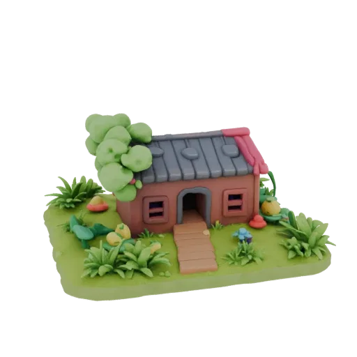 3D model of a claymation-style house with a green tree and garden on a green base