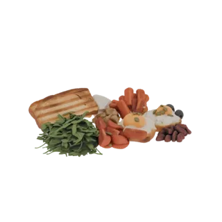 Modelo 3D de una bandeja de desayuno de arcilla con tostadas, huevos fritos, salchichas, rúcula y frijoles, presentado sobre