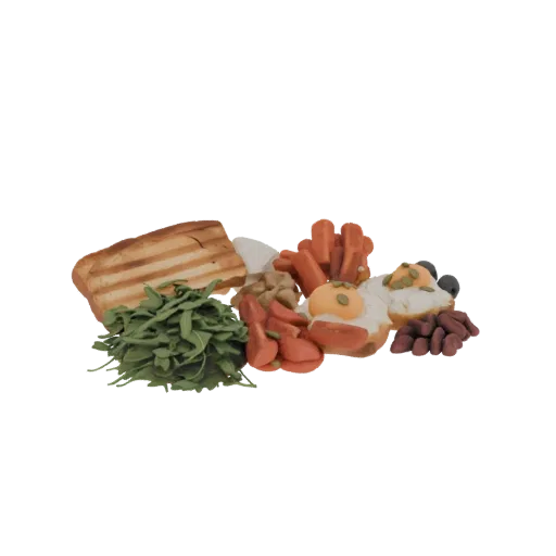 3D model of a clay breakfast platter with toast, fried eggs, sausages, arugula, and beans, presented on a white background.