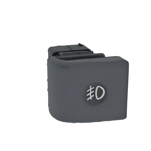 3D Modell eines dunkelgrauen Auto Nebelscheinwerfer Schalters mit weißem Nebelscheinwerfer-Symbol.