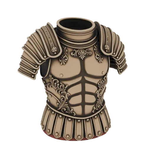 Modello 3D di un'armatura romana Lorica Segmentata con volute ornate e corazza muscolosa, esposto su sfondo bianco.