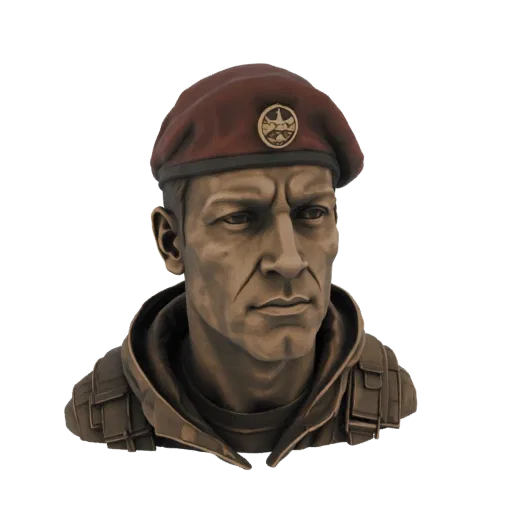 Modèle 3D d'un buste en bronze d'un commandant militaire portant un béret rouge avec un insigne doré.