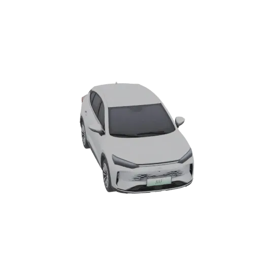 3D model of a white SUV with a futuristic design and a glowing front grille, viewed from a slightly elevated front-left angle
