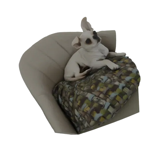 3D model of a white Chihuahua dog with dark eye markings, lying down on a colorful woven blanket.