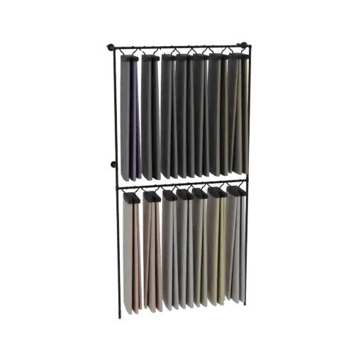 3D model of a black metal rack displaying numerous hanging fabric swatches in various colors on two tiers.