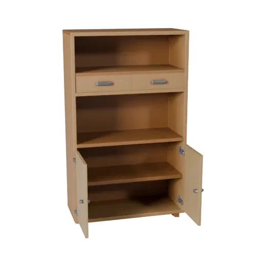 Floating Bookshelf Low Poly 3D model, dining room, game viewport three-quarter view, painted wood detail.