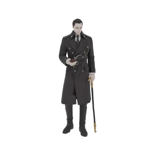 3D model of a Victorian gentleman in a trench coat, holding a pipe and a cane, with a stern expression.