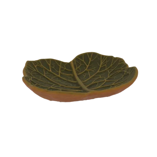 Ein 3D-Render einer dekorativen Schale in Form eines grünen Kohlblatts mit detaillierten Adern und einem braunen Rand, vor ei