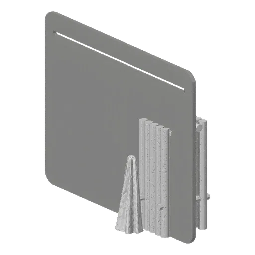 3D model of a minimalist white radiator with a white towel hanging from one of its bars, set against a black background.