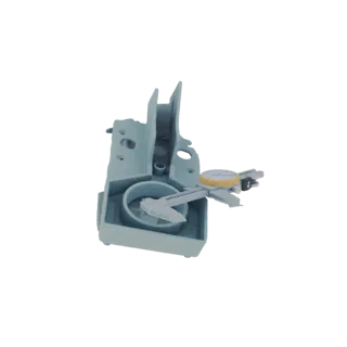 3D model render of a light blue plastic fixture designed to hold a digital caliper, with the caliper's jaws visible.