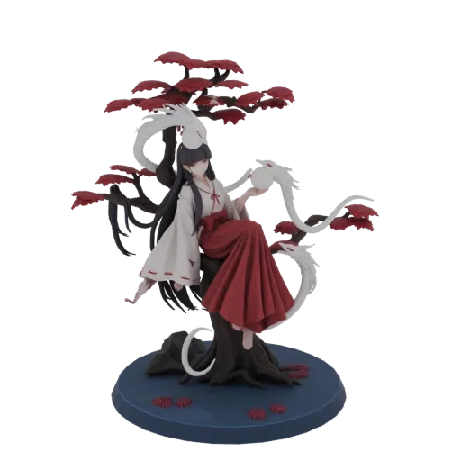 3D model of a Miko figure sitting on a tree with a white dragon wrapped around the branches, against a white background.