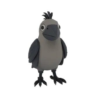 A 3D render of a stylized cartoon crow with large eyes and a spiky crest, standing on a white background.