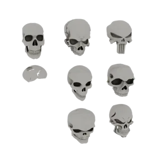Une collection de 8 différents modèles 3D de crânes stylisés disposés en grille sur fond blanc.