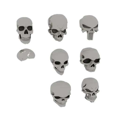 A collection of 8 different stylized 3D skull models arranged in a grid on a white background.