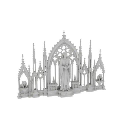 3D model of a detailed Gothic cathedral archway with a central figure and two gargoyles, rendered in a light grey stone textu