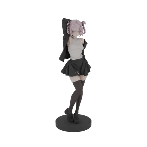 3D model of an anime girl with pink pigtails, wearing a white top, black skirt, and jacket, in a dynamic pose on a circular base.