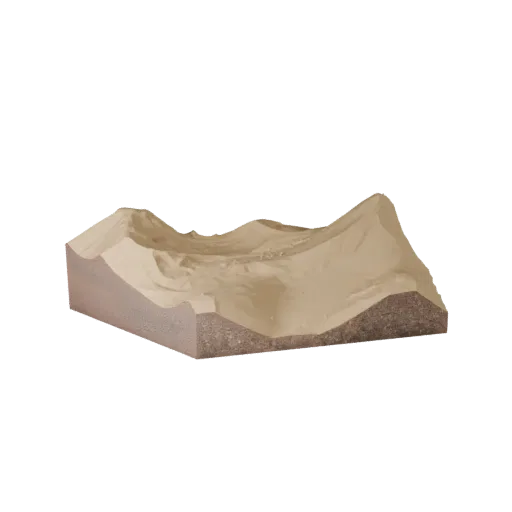 Coastal Sand Bank Stylized 3D model, stylized isometric environment render, showing layered soil, dune ridges.
