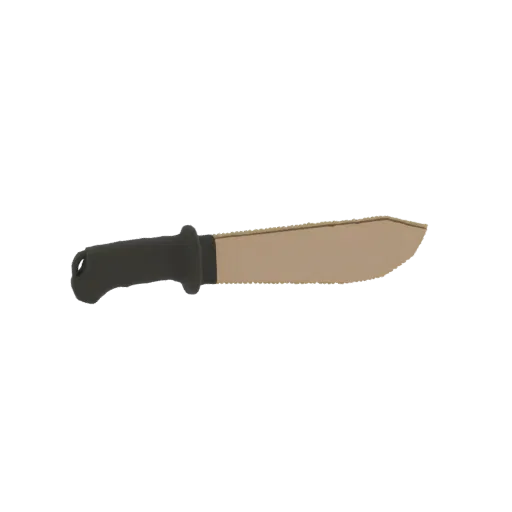 Modèle 3D d'une machette dentelée avec manche noir et lame à bord de scie
